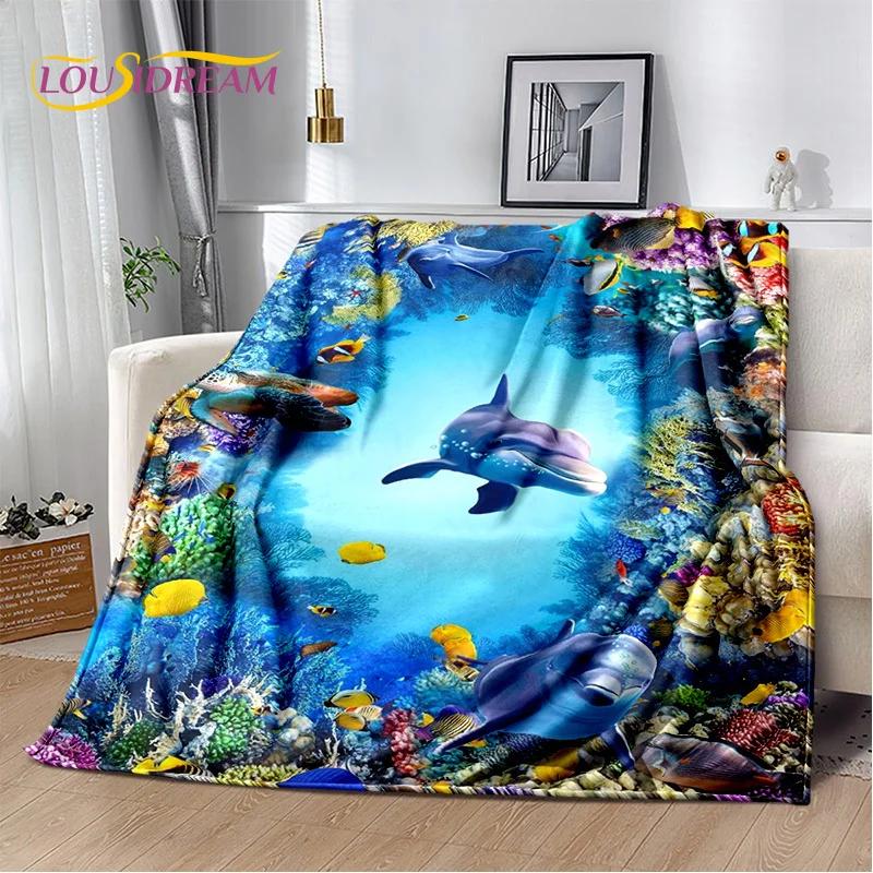 Underwater World 3D Illusion Seabed Cartoon Shark Dolphin Blanket,Soft Throw Blanket for Home Bedroom Bed Sofa Travel Cover Kids