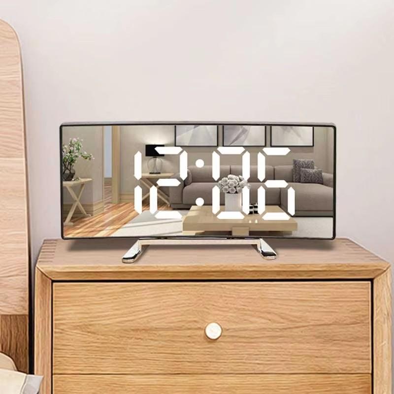 Creative Curved Electronic Clock LED Large Mirror Alarm Clock Silent Smart Desktop Clock Living Room Mirror Clock