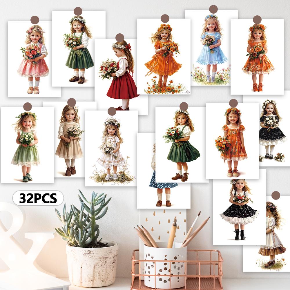 32pcs, Cute Girl Postcards, Cartoon Little Girls, Collection, Wall Stickers, Mailing Cards, Greeting Cards, DIY Postcards, D
