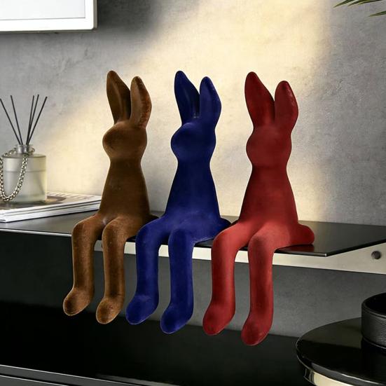 Sitting Bunny Statue Flocking Rabbit Figurine Easter Bunny Ornaments for Living Room Cabinet