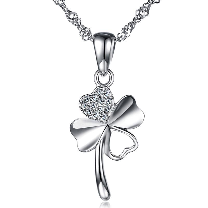 Korean Style Four-Leaf Clover Diamond Pendant Necklace for Women