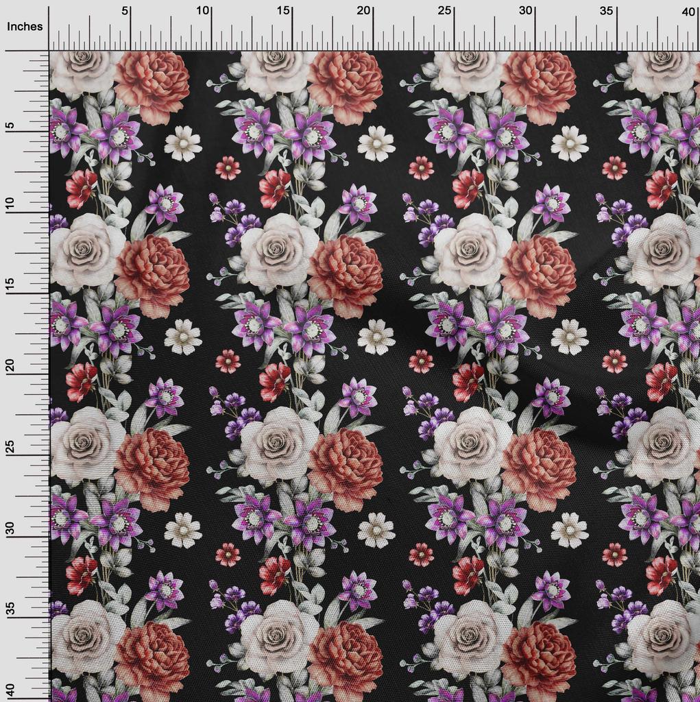 oneOone Cotton Flex Black Fabric Leaves|Lotus & Rose Floral Quilting Supplies Print Sewing Fabric By The Yard 40 Inch