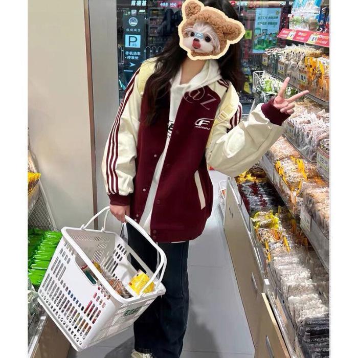 Unisex Retro Striped Patchwork Baseball Jacket - Casual and Versatile for Spring and Autumn 2025 Large вино красного