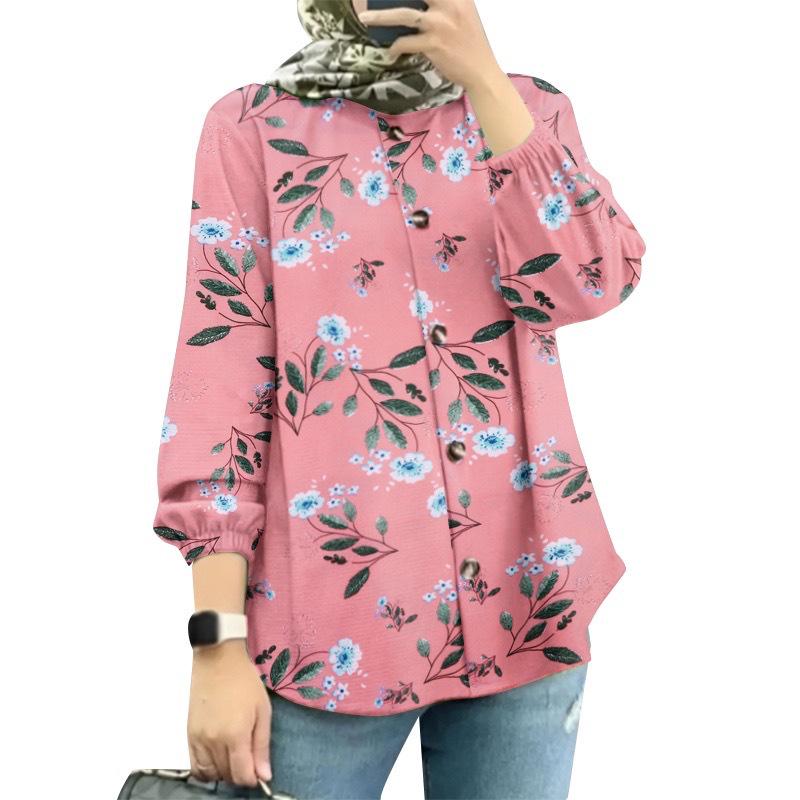 

2025 Women s Floral Muslim Shirt with Puff Sleeves - Middle East Fashion XL рожевий