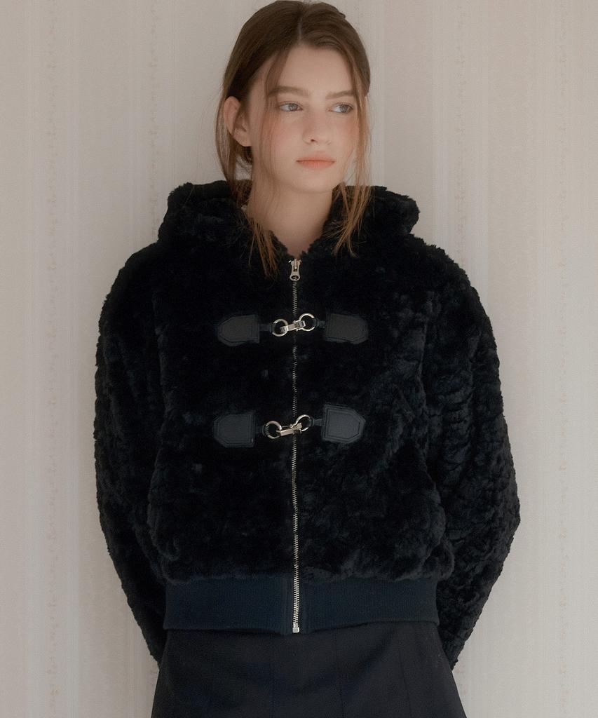 Letter From Moon Twin Buckle Hooded Fur Jacket (Black)