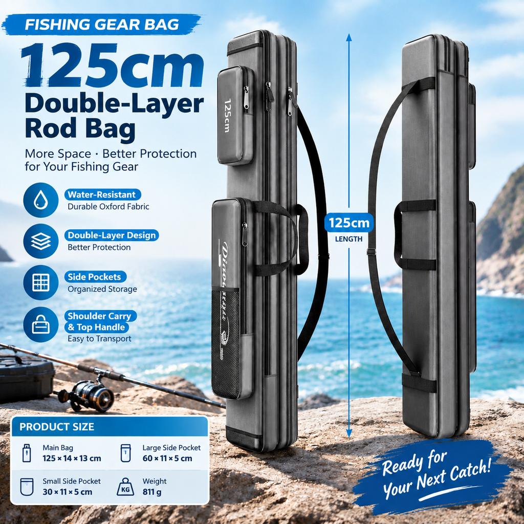 Sea Fishing Rod Bag Double-Layer Rectangular Oxford Fishing Tackle Storage Bag with Shoulder Strap
