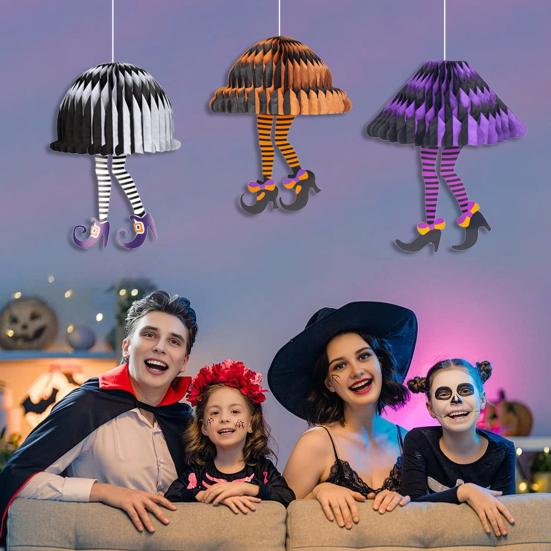 Witch Leg Halloween Decor Black & White Striped Hanging Ornaments with Purple Shoes Creepy Party Ceiling Decorations