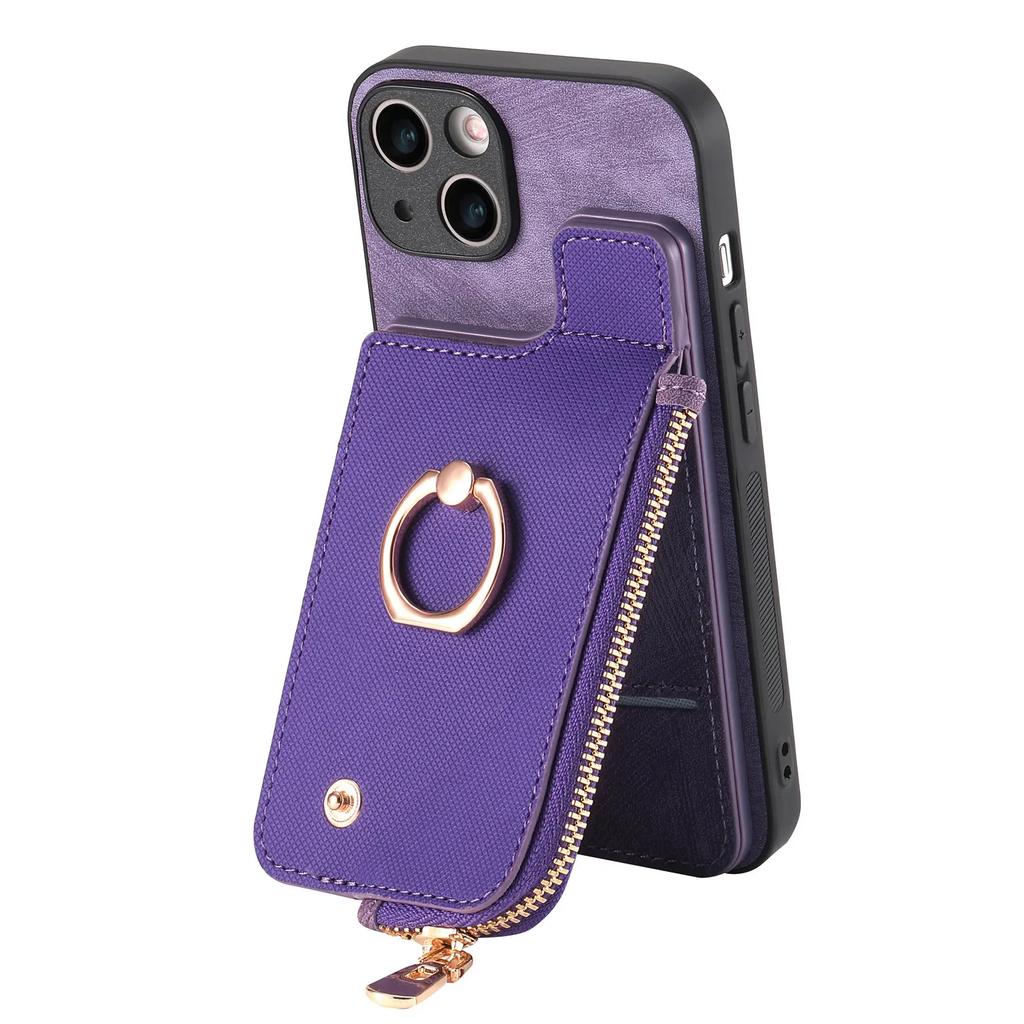 Vertical Cards Slot Ring Holder Zipper Wallet Case For iPhone 15 Pro Max 14 Plus 13 12 11 XS X XR 7 8 SE 2022 Bag Pocket Cover