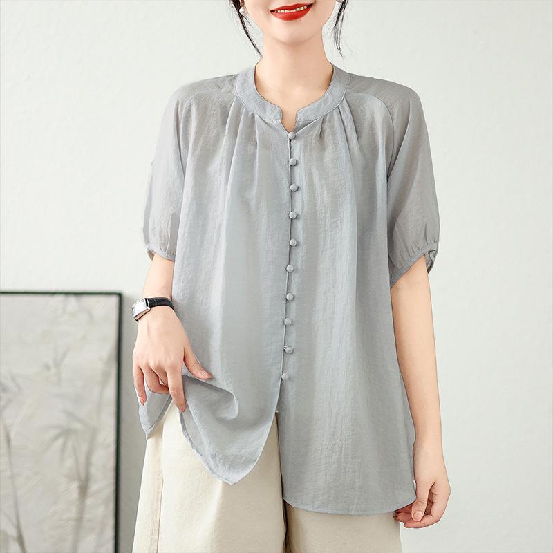 Johnature Summer Thin Simple Solid Color Women Tops Casual O-neck Short Sleeve Button Loose All Match Shirts