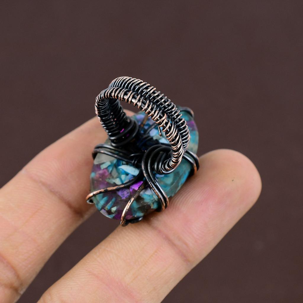 Natural Spiny Oyster Gemstone Handmade Copper Wire Wrap Gift Ring Size 8 W8m10