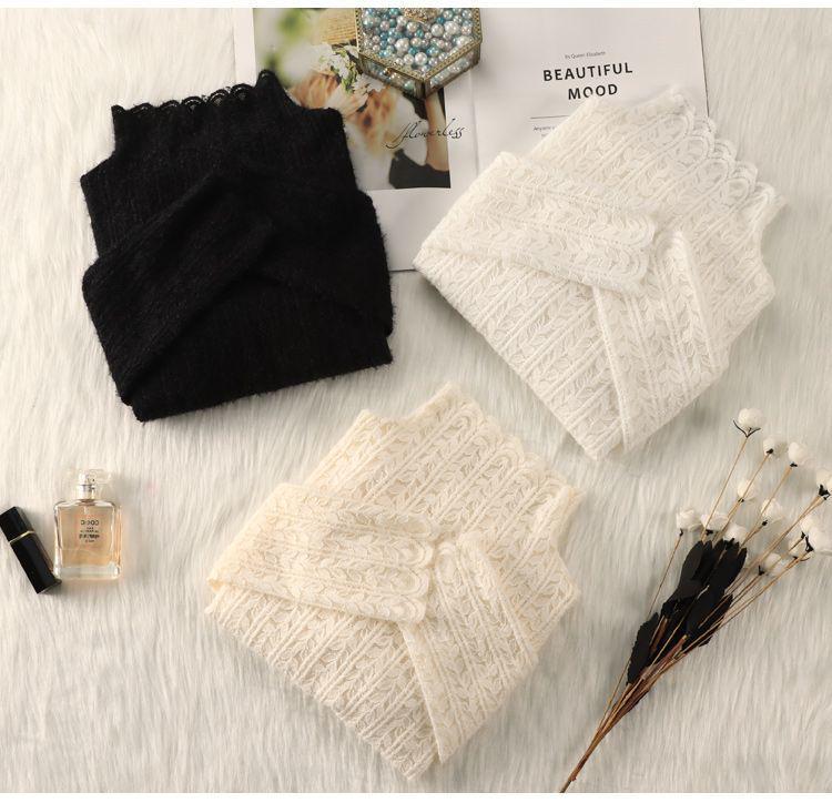 Brushed Lace High-Neck Mesh Top for Women - Trendy Autumn/Winter Layer