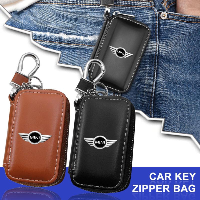 1Pcs Leather Emblem Car Key Case Keychain Zipper Key Case Bag For Mini Cooper One S Clubman R50 R53 R56 R60 F55 F56 R57 R58 R59