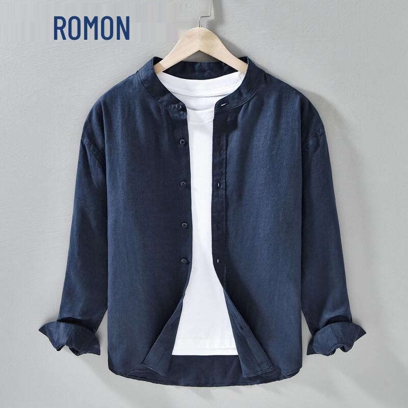 ROMON Men s Linen Long-Sleeve Stand Collar Shirt 3XL