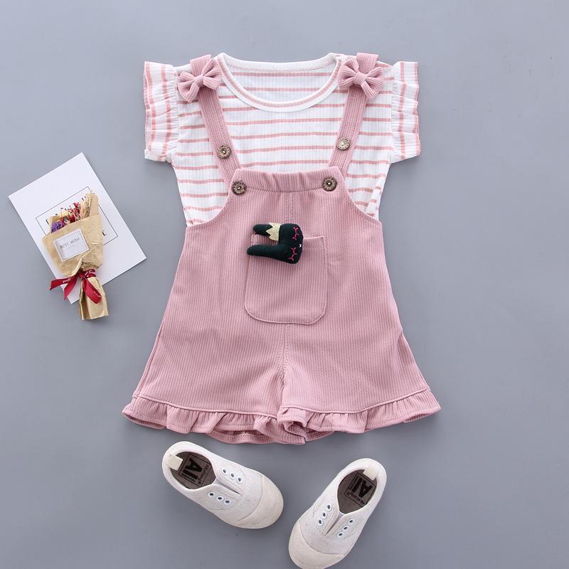 Girls Summer Cotton Striped Short Sleeve Romper Shorts Set Baby Two Piece Breathable Comfortable Outfit 80cm