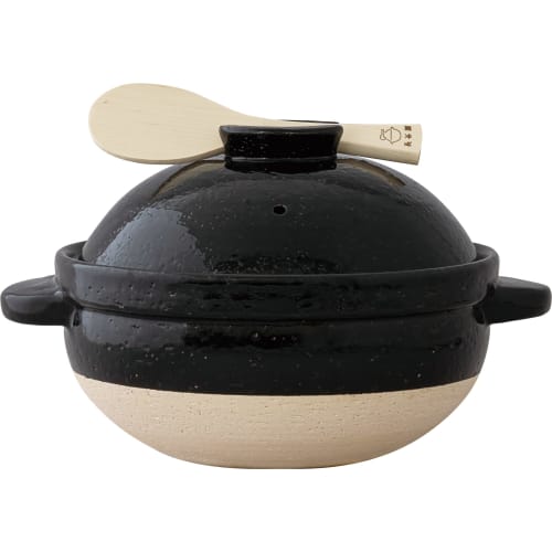 Hasegawa Kamadosan Earthenware Rice Cooker, 18.5 cm Capacity, Direct Heat Only, Black, Iga Ware, Made in Japan, Includes Pot Holder, Rice Paddle, and