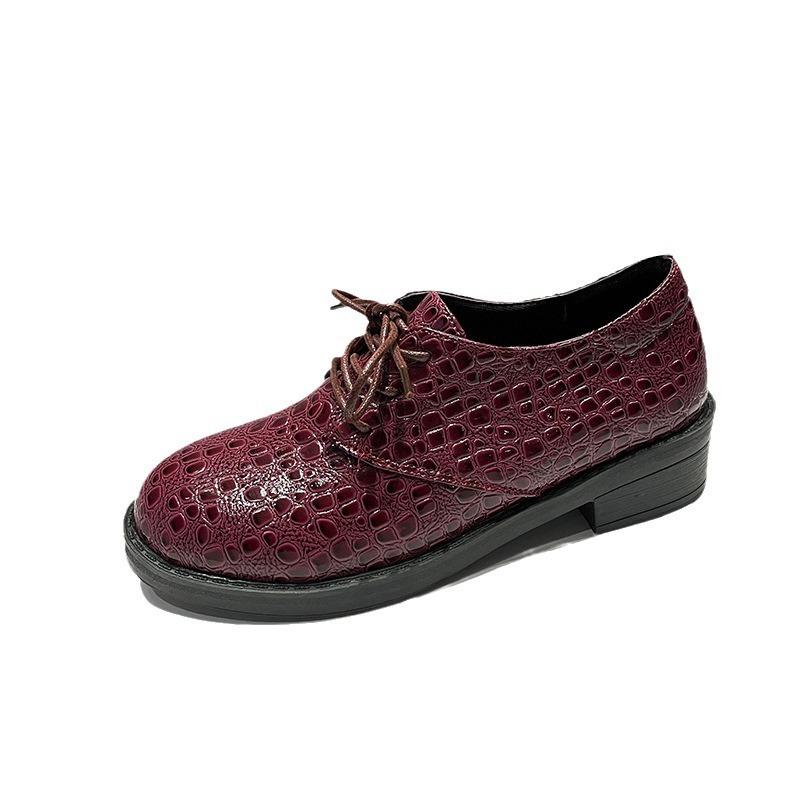 Large size single shoes women's autumn new round head stone pattern lace-up thick heel work leather shoes