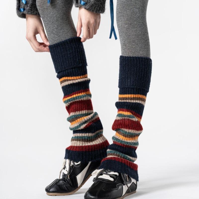 Wool Sock Sleeves - Women's Fall and Winter Warm Knitted Pile Socks with Retro Stripes - Long Tube Leg Coverings for Protecting The Legs