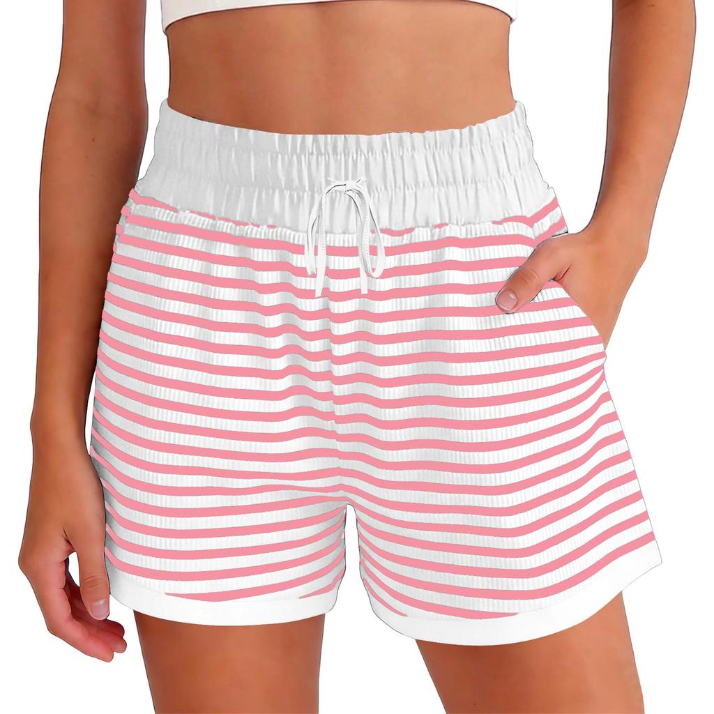 Women's Fashionable Relaxed-fit Striped Shorts With An Elasticated Waist Drawstring And Pockets