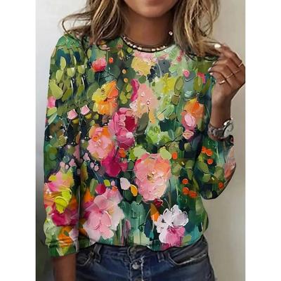 Spring and Autumn Round Neck Vintage Flower Graphic 3D Printed Top Fashionable Casual Long Sleeved Women's T-shirts