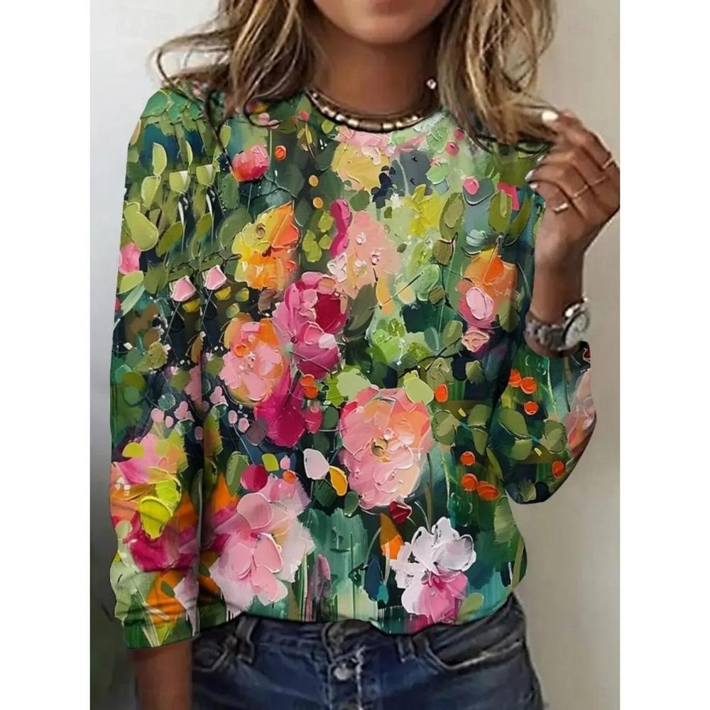 Spring and Autumn Round Neck Vintage Flower Graphic 3D Printed Top Fashionable Casual Long Sleeved Women's T-shirts