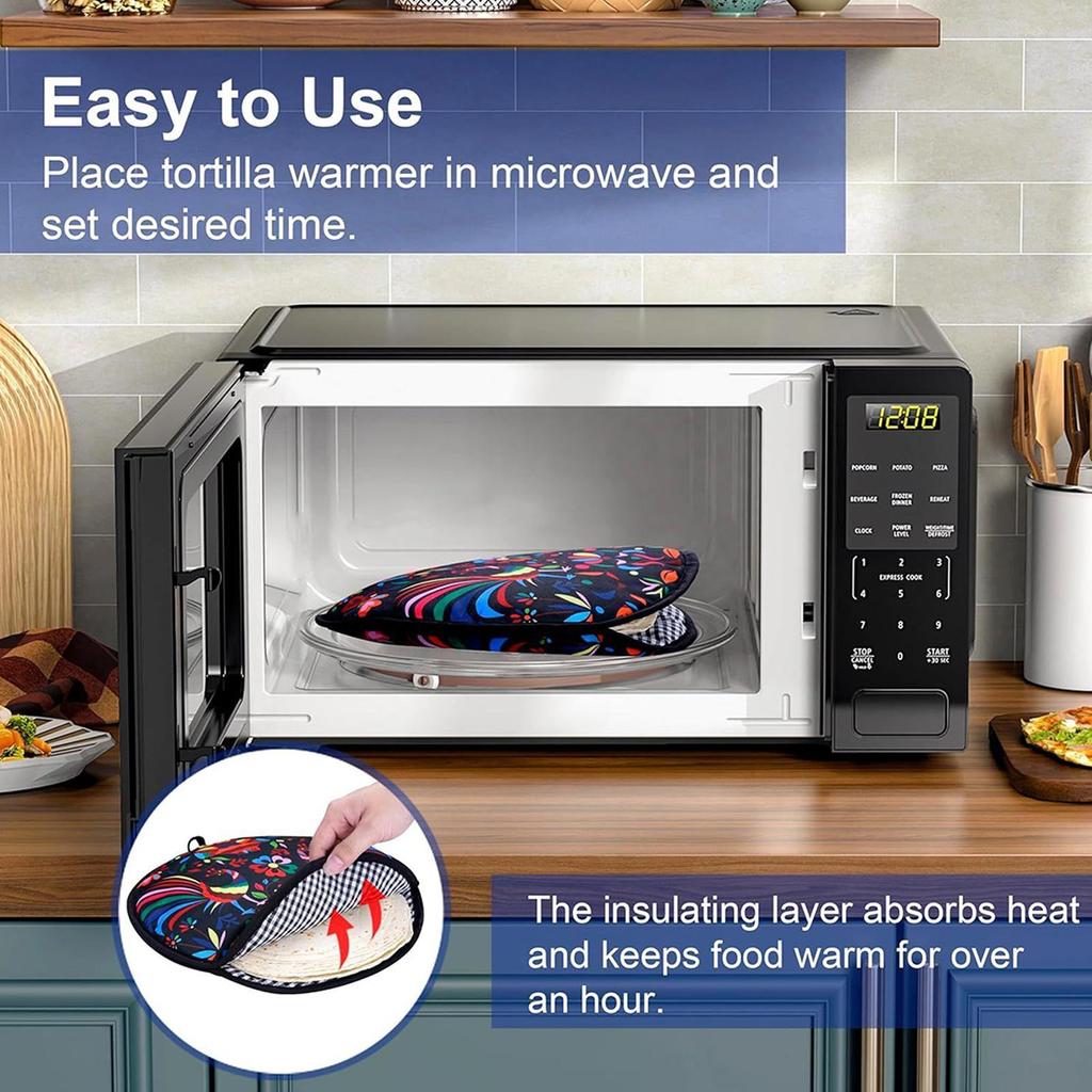 Microwave Tortilla Warmer 12Inch Insulated Cloth Tortilla Bag Naan Taco Food Warmer Pouch for Corn Taco Pizza Roll Home Party