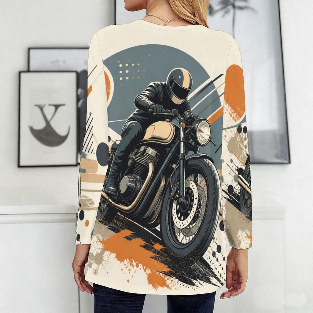 Women Plus Size Round Neck Long Sleeve Cartoon Excavator Printed Loose Longline T Shirt With Pockets