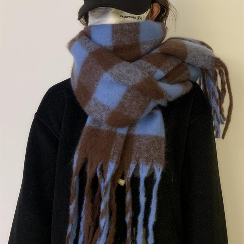 New hippocampus hair scarf winter women's Korean atmosphere sense advanced sense plaid warm thickened scarf men
