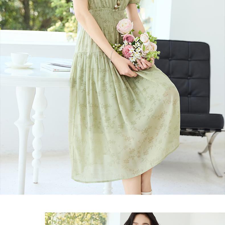 Tea break French V-neck tied waist, bubble sleeves, printed seaside vacation style dress