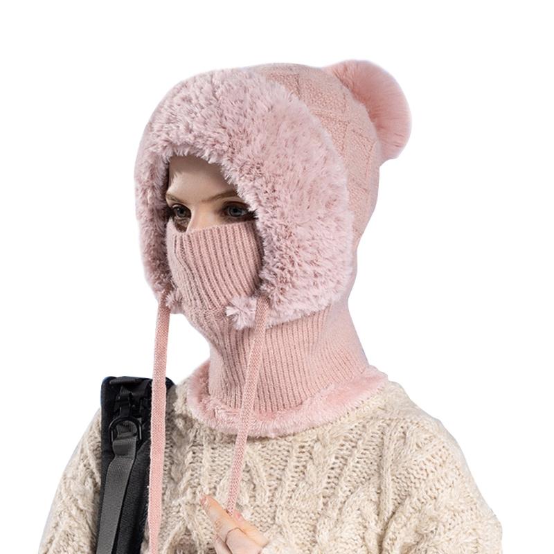 2in1 Winter Warm Ear Flap Scarf Hat Women Knit Hooded Balaclava Hat with Plush Liner Outdoor Activity Pullover Skull Hat
