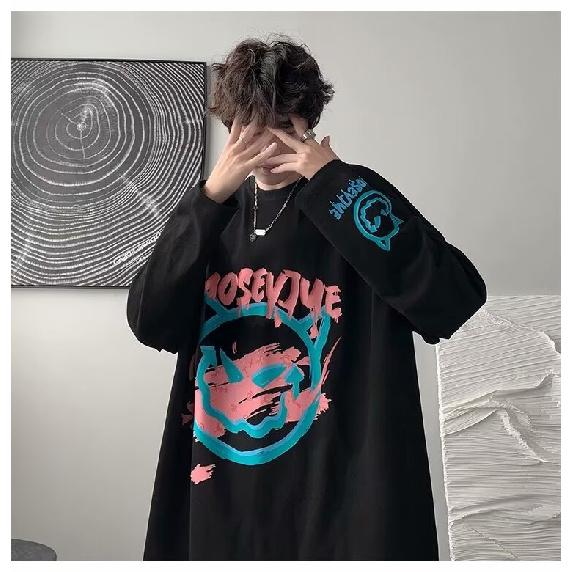 2024 Men's Long-Sleeved T-shirt Autumn Undershirt Long Sleeve Cotton Autumn Hong Kong Style Printing Loose Trendy Top