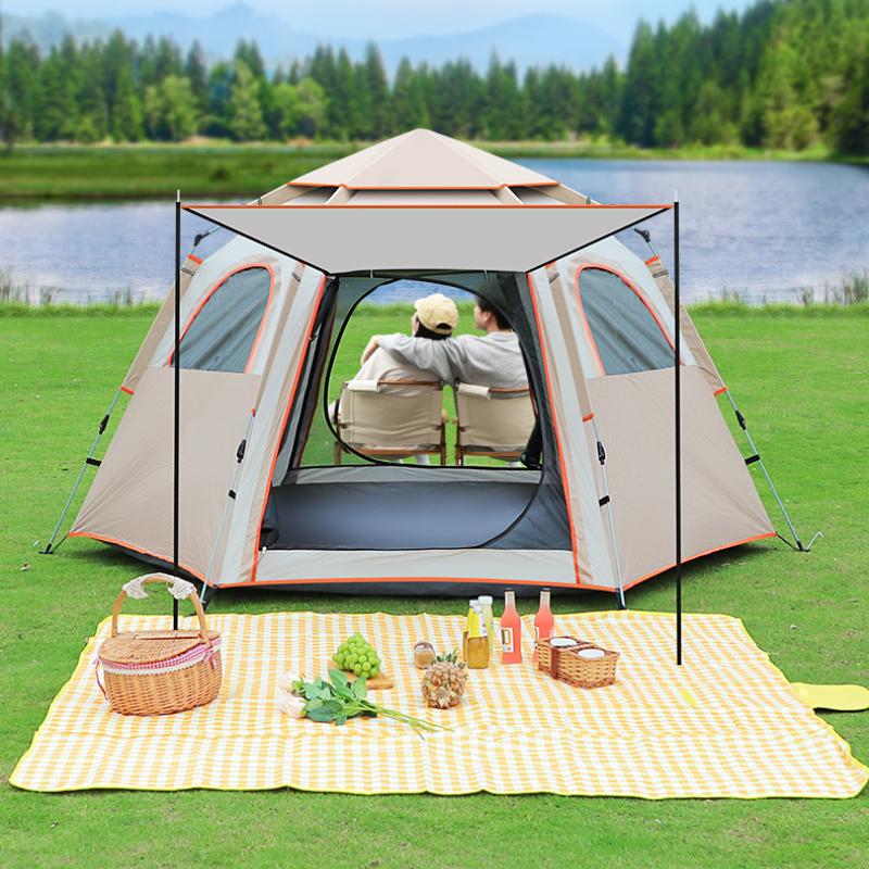 Cort de camping automat dublu dublu dublu cort hexagonal exterior 3-4 persoane Camping camping rezistent la ploaie Cort ușor de montat