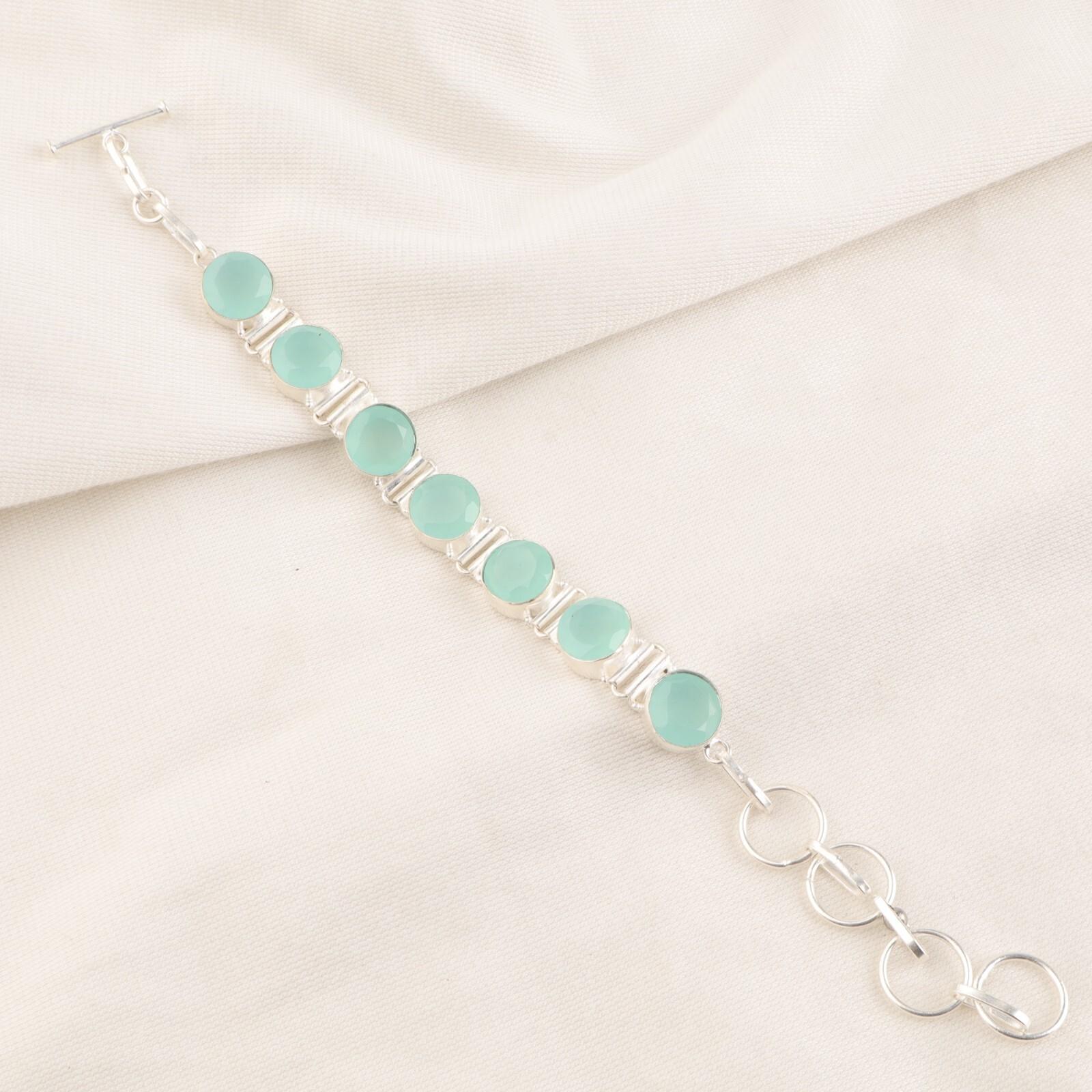 

Rare Aqua Chalcedony Gemstone 925 Sterling Silver Handmade Statement Bracelet 9 RB-7-13