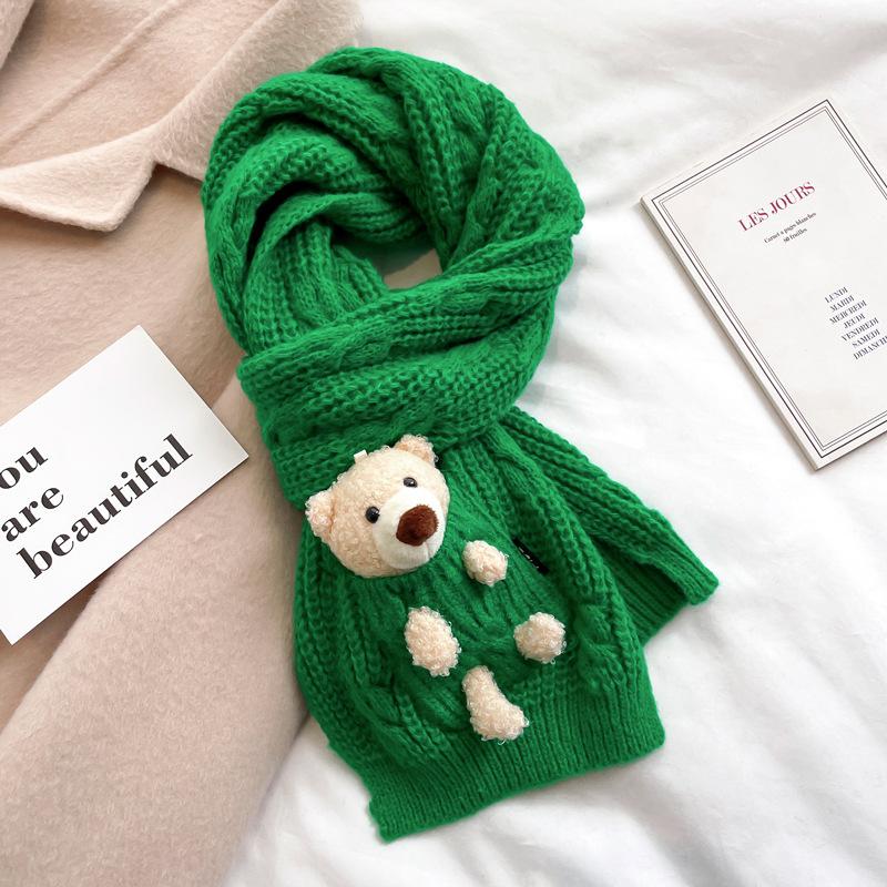 Knitted thick wool bear scarf female student winter pure green children's short scarf thickened to keep warm cute girl