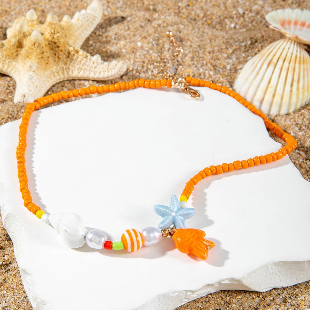 Bohemian Starfish Pendant Pearls Bead Necklace Adjustable Length Portable Jewelry for Beach Vacation and Parties