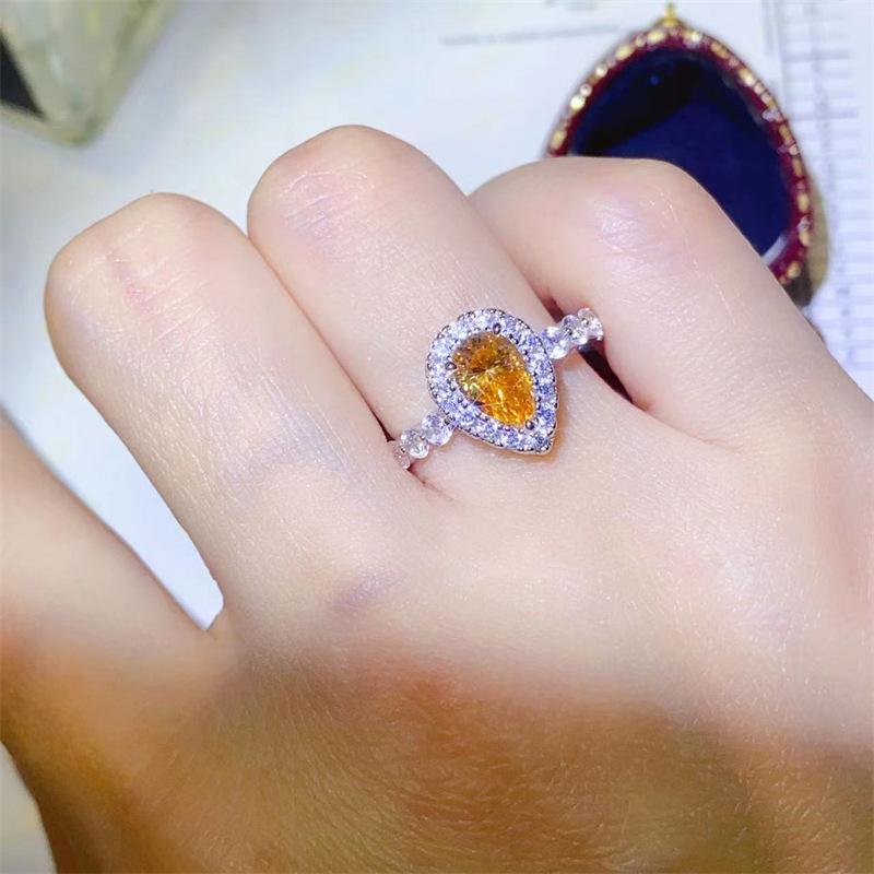 Yellow Moissanite Water Drop Pear-Shaped Women's Ring, 1 Carat VVS Diamond, Micro-Pave Fashion Engagement Proposal Gift.