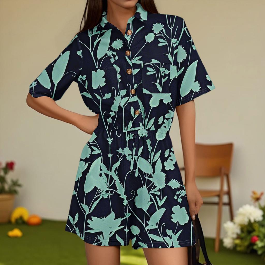 Damenmode V-Ausschnitt Jumpsuit Karomuster Lässig Kurzarm Top Jumpsuit