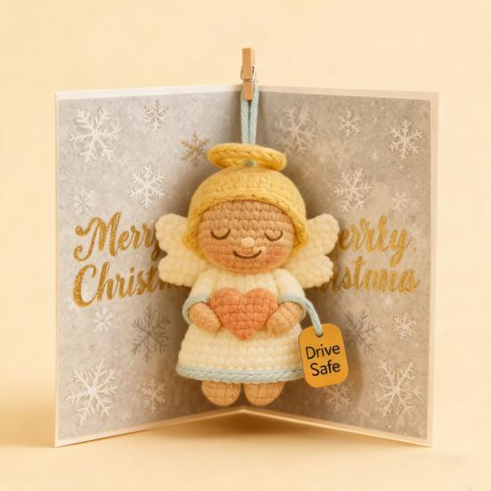Crochet Angel Car Charm Handmade Knitting Angel Car Rear Mirror Hanging Accessories with Drive Safe Tag New Driver Blessing Present