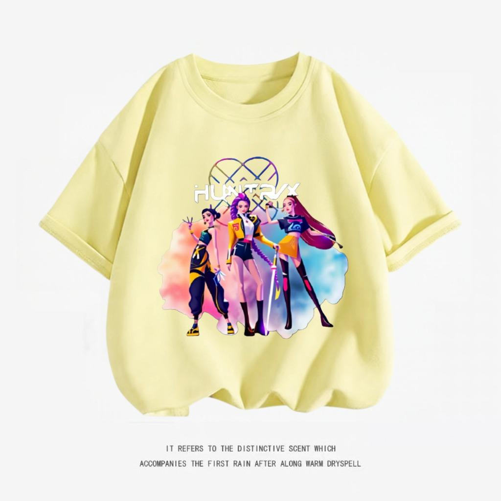 Girls Short Sleeve Cartoon Fashion Summer Wear 2026 Trendy Clothing Kpop Demon Hunters Huntrix T-shirt Pure Cotton Tees