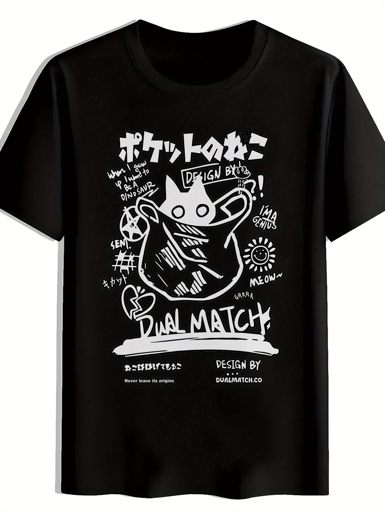Black  Dual Match  Graphic T-shirt - Casual Crew Neck S