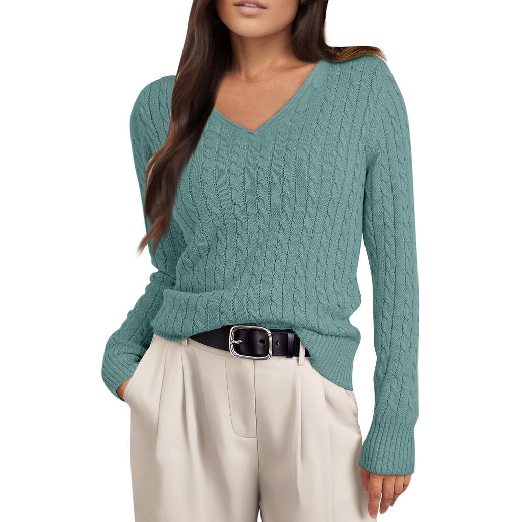 Women's Cable Knit V Neck Sweater Lightweight Soft Pullover Sweaters