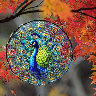 Kaijit - Stained Glass Peacock Wind Spinner | Decorative Hanging Wind Chime for Garden, Balcony & Outdoor Decor | Colorful Artwork for Patio & Yard