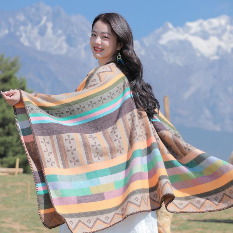 Spring Autumn New Artistic Retro Ethnic Style Waist Shawl Women's Fashion Warm Geometric Puzzle Split Scarf