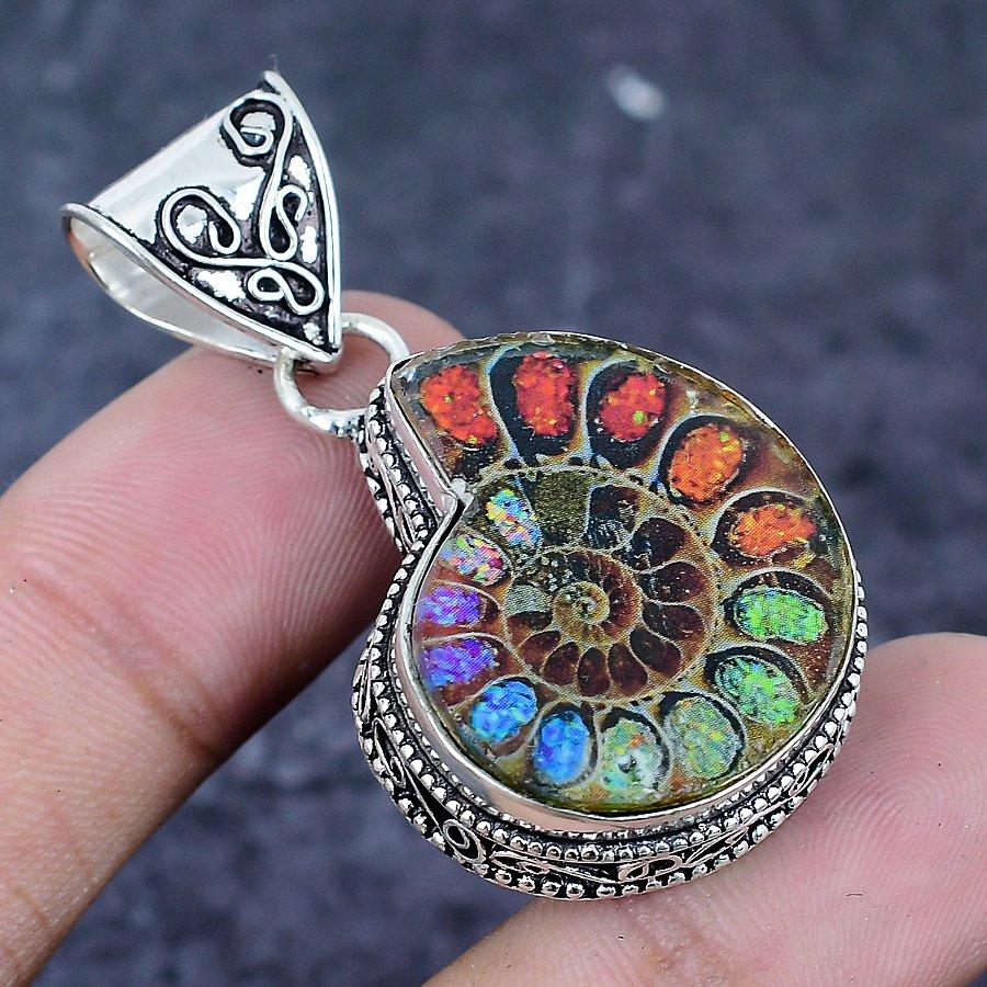Natural Ammonite Fossil Gemstone 925 Sterling Silver Jewelry Pendant 1.77" ETC-13242