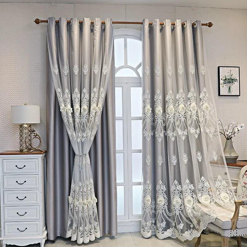 

Занавеска в европейском стиле, двухслойная утолщенная занавеска, затеняющая пряжа для гостиной, спальни, дома, вышитый двойной солнцезащитный козырек, карниз для штор 170*270cm*2pcs серый