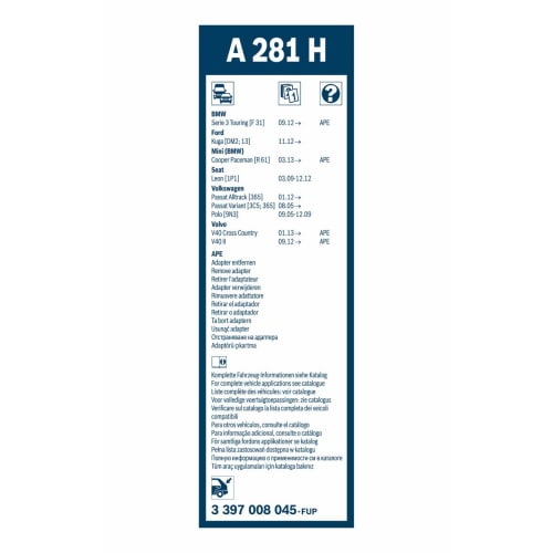 BOSCH Imported Car Flat Wiper Blade Aero Twin Rear 280mm A281H