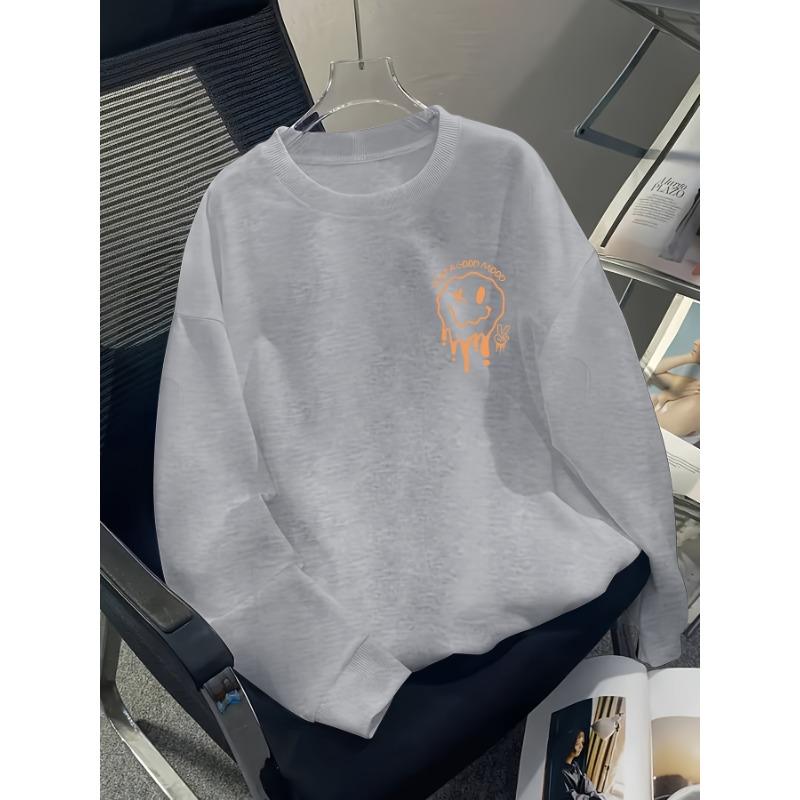 European sizes Boys' Youth Smile Printed Pattern Casual Sport Autumn Winter Long-Sleeve Sweatshirt, Warm Crew Neck Top, Comfortable Outdoor Wear.