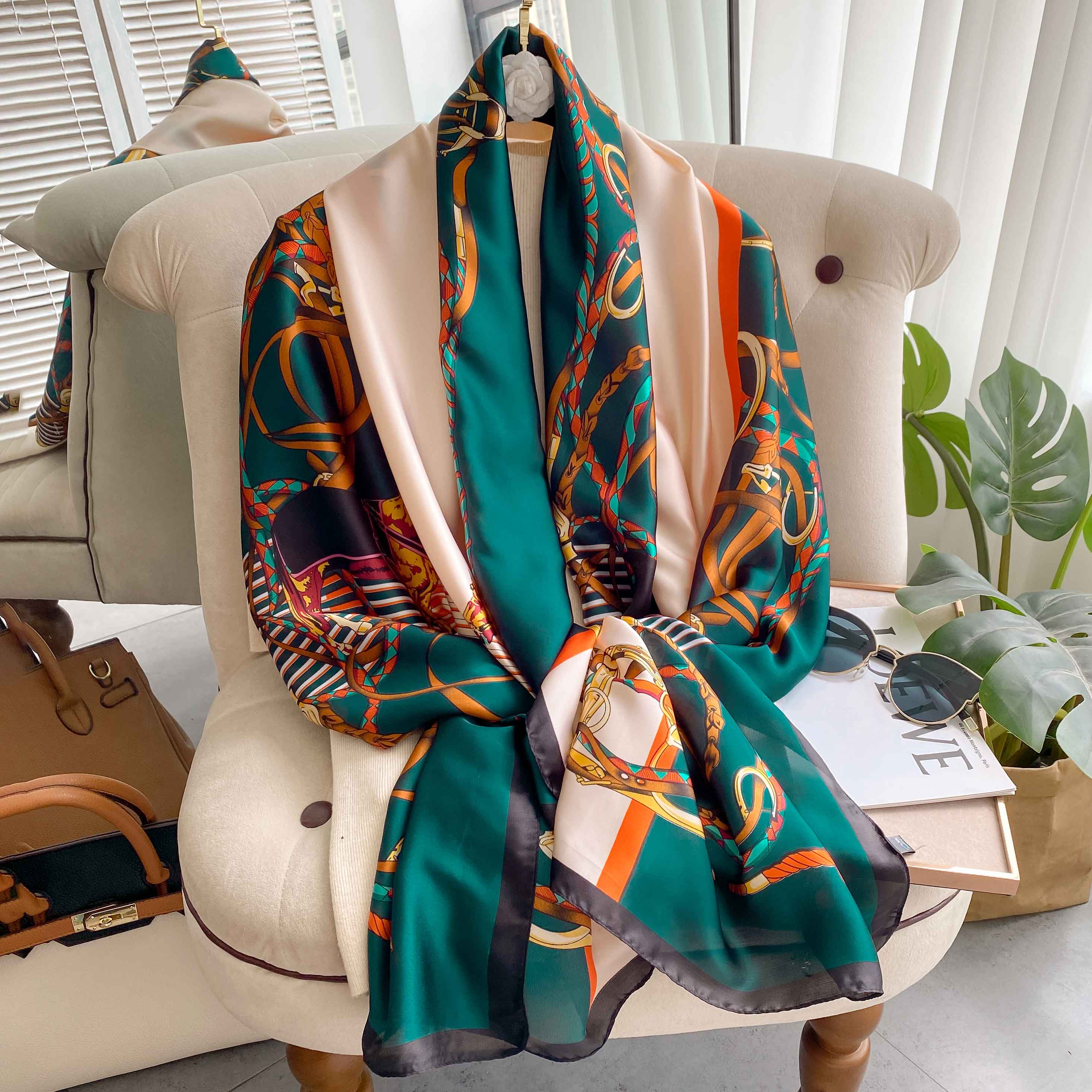 

Новый 180*90 см модный шелковый шарф, шарф-шарф, повязки на голову, женский винтажный шарф для волос на четыре сезона, хиджаб, платок, бандана, женский платок на голову