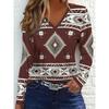 Women's Western Retro Azttec Geometric Print V-Neck Long Sleeve T-Shirt - Casual Elegant Contrast Color Design