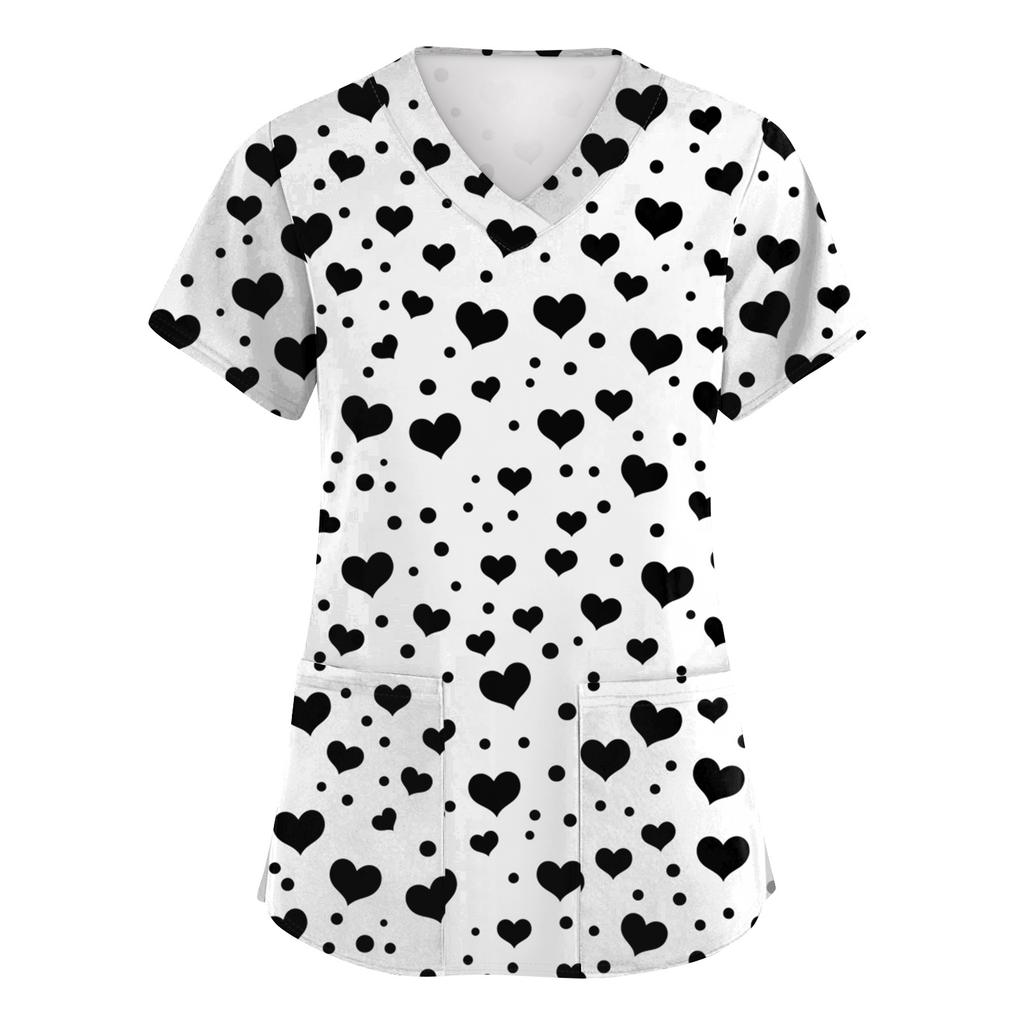 Women V Neck Printed Scrub Top with Heart Pattern Short Sleeve Uniform Top for Veterinary