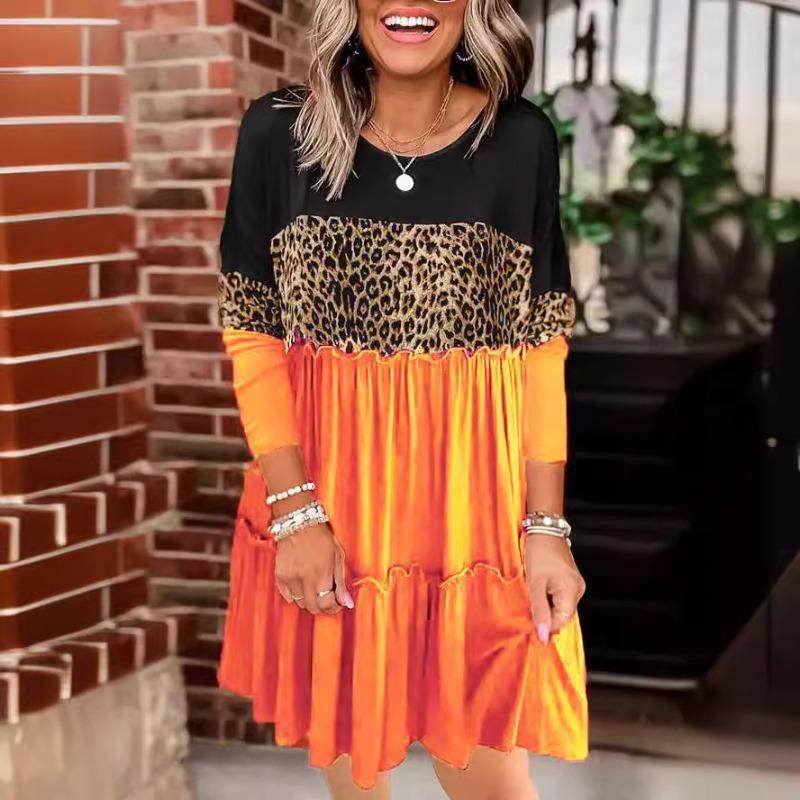 

DAFIFY Women s Fashion Spring Fall Leopard Print Long Sleeve O-Neck Loose Waistline Casual Dresses XXXL оранжевый